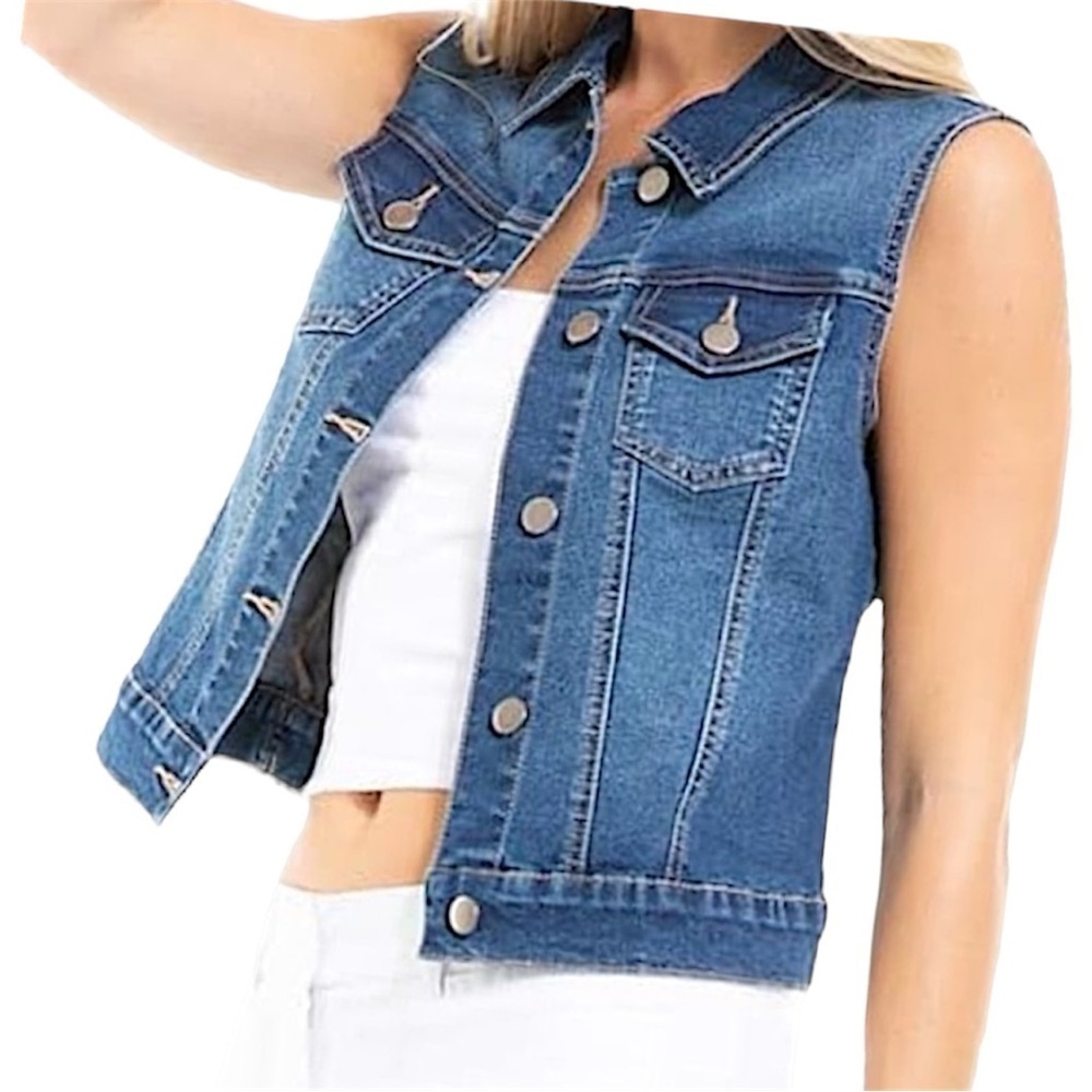 Mudd Classic Denim Vest Distressed Button Flap Pockets Button Tab Hem Size Small
